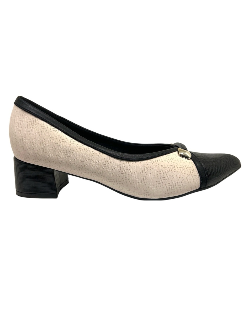 Two-Tone Low Block Heel Pump - Black & Cream